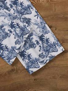 GlowEve Pantalones rectos de cintura alta con cordón, estampado de plantas, informales y cómodos para vacaciones - Azul y blanco - Ver 5