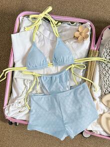 Bonvoyette Bộ đồ bơi nữ 3 món màu vàng, vải, màu xanh dương, kiểu buộc dây bên hông, cổ yếm. - Màu xanh lam - Xem 6