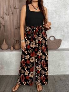 SHEIN LUNE Vacation Retro Printed Casual Minimalist Leopard Pattern Loose Plus Size Jumpsuit, Suitable For Spring & Summer - Multicolor - View 3