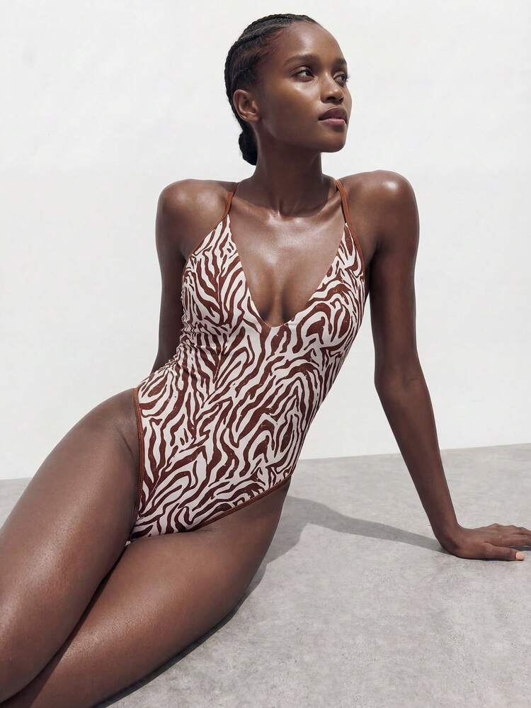 SHEIN Maija Women's Casual Beach Vacation Zebra Print One-Piece Swimsuit Animal Print Swimsuit One Piece Swimsuit Zebra Print Swimsuit Brown Swimsuit Women Sexy One Piece Swim Animal Print Swimwear Women's Swimsuit Women's One Piece Swimsuit Full Coverage Swimsuit One Piece Swimsuit Women