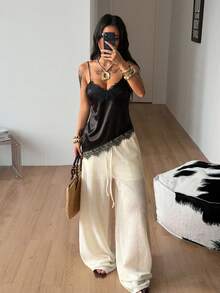 Coolane Women's Spring Streetwear Y2K Casual Chic Daily Wear Fitted Lace Patchwork V-Neck Sleeveless Tank Tops - Black - View 6