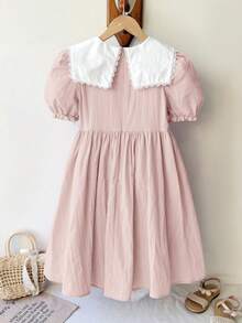 SHEIN Tween Girl Loose Casual Petal Sleeve Floral Pattern Embroidered Midi Dress Tween Girl - Pink - View 3