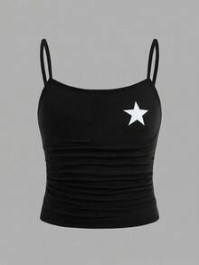 SHEIN Girlism 随机6件，赠送2件少女简约舒适褶皱吊带背心两件套，黑白两色，细肩带设计，饰有黑白星形图案，柔软舒适，2026春夏新款时尚上衣，适合母亲节、毕业季等场合，春夏日常、外出、度假、节日穿着，时尚少女，休闲穿着，新款，返校季、休闲、开学季等场合。 - 彩色 - 查看 2
