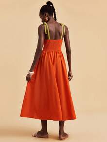 Travachic 女士撞色褶皱肩部打结设计连衣裙，热带风情，波西米亚风，西部风情，夏季连衣裙，夏季套装，女士夏季连衣裙，女士优雅连衣裙，女士度假套装，节日连衣裙，女士复活节连衣裙，沙滩连衣裙 - 橘色 - 查看 4