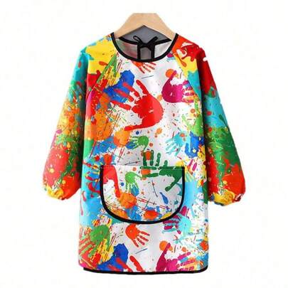 1 pieza Delantal de manga larga impermeable y resistente a las manchas, reversible, con estampado abstracto único para protección completa del brazo, para acrílicos, arcilla, cocina, artista, estudio de cerámica, esencial para el aula preescolar a prueba de salpicaduras (S-XL, se puede limpiar, diseño aleatorio)