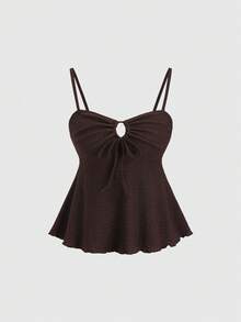 Sweetra Women's Khaki Casual Tie-Up Camisole Top & Comfortable Wide Leg Straight Pants 2 Pieces Set, Spring/Summer Chocolate Brown Top Dark Brown Top - Coffee Brown - View 4