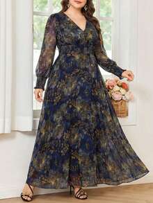 Reflora 大码优雅印花V领系腰连衣裙，秋季款 - 彩色 - 查看 15