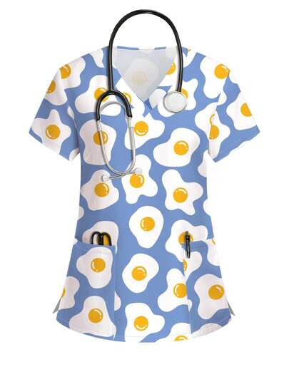 PopScrub Egg Yolk Cartoon Print Nurse Uniform Top, V-Neck Short Sleeve Scrub Shirt, Women's Healthcare Uniform, Egg Yolk Apparel