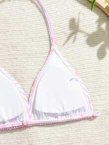 SHEIN Tween Girls 3-Piece Bikini Set, Cute Pink Striped Halter Top, Bow Accent, Adjustable Back, Side Tie Bottoms With Skirt, Knit Fabric, Fashionable Elegant Swimsuit For Swimming, Beach, Pool, Summer Vacation - Pink - View 4