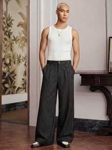 SWAVVY 男士条纹休闲直筒宽松裤，带口袋，百搭 - 黑色 - 查看 4