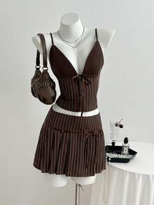 Flirla Women's Summer Two-Piece Set: Color-Block Crop Top With Stripe Tie Detail & Matching Strappy Pleated Skirt, Casual Style. - Brown - View 5