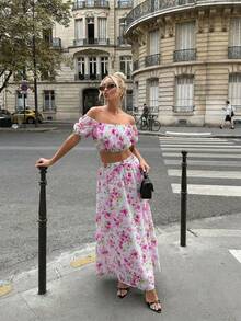 Lucivie 女士浪漫露肩碎花两件套 | 荷叶边短款上衣和长裙套装，性感优雅的春夏度假约会装 - 粉色 - 查看 1