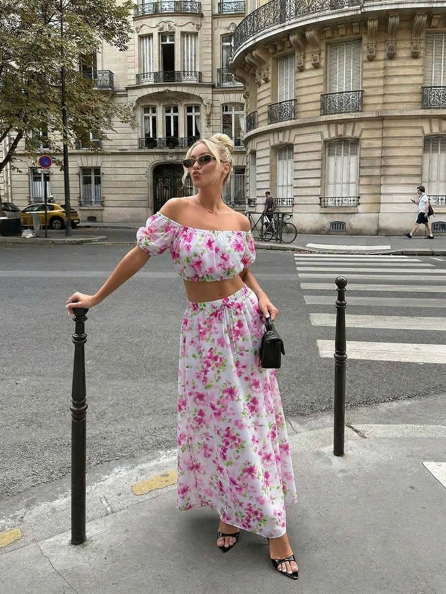 Lucivie 女士浪漫露肩碎花两件套 | 荷叶边短款上衣和长裙套装，性感优雅的春夏度假约会装 - 粉色 - 查看 1