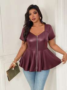Femmeverse Women's Plus Size New Solid Color Square Neck Keyhole A-Line Elastic PU Top, Slimming And Hip Covering - Burgundy - View 7