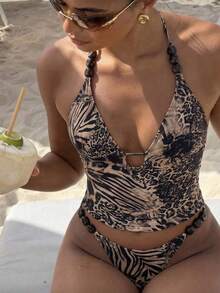Bonvoyette Shapewave-D 女士豹纹斑马纹撞色塑形吊带比基尼上衣+高开衩泳裤，串珠点缀，可调节交叉后背带，狂野印花设计，性感修身凸显曲线，沙滩度假泳装套装 - 彩色 - 查看 1
