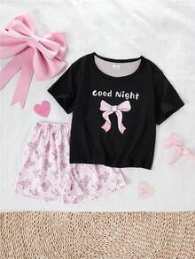 Conjunto de pijama de pantalón corto y manga corta con estampado de lazos para niñas - Negro - Ver 3