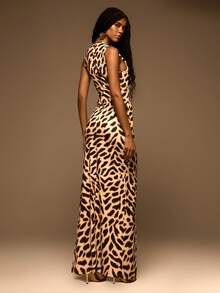 MUSERA Animal Print Slinky Cut Out Bead Detail Fitted Maxi Dress Spring Summer Elegant Vacation Holiday Ibiza Club Occasion Sexy Evening Wedding Guest Sunset Kiss - Multicolor - View 4