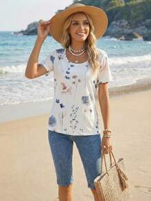 EMERY ROSE 两件套女士休闲简约夏季套装，适合外出、度假，女士度假套装，沙滩装，保守款上衣，女士休闲套装，女士夏季套装，女士夏季上衣 - 彩色 - 查看 4