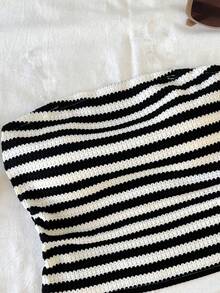 SHEIN Teen Girl Striped Ruffle Bandeau Top And Shorts Set - Black and White - View 4