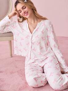 SHEIN 甜美清新蝴蝶结印花女士睡衣套装，ins风粉色蝴蝶结睡衣套装，秋冬服装 - 彩色 - 查看 8