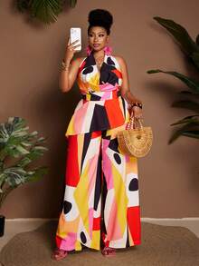 Maweii Plus Size Women's Contrast Color Geometric Print Draped Neck Asymmetric Hem Crop Top + Wide Leg Pants Fashionable 2-Piece Set - Multicolor - View 5