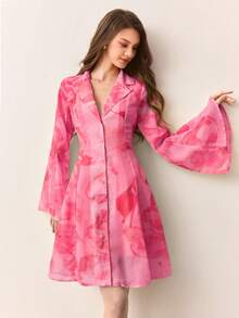 Aveloria Rosie 玫瑰黄印花雪纺领拼接A字短裙 - 玫紅色 - 查看 6