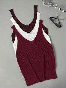 EMERY ROSE Damen Lässig Urlaubs V-Ausschnitt 3-teiliges Strickset, Sommer Damen Weste Tops Tanktops für Frauen Gestrickte Damen Tanktops Sommer - Bordeaux - Übersicht 2