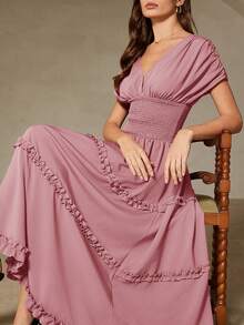 Aveloria Rosie Vestido morado con textura, mangas cortas de hombros caídos, cintura fruncida, falda acampanada con volantes en el bajo, elegante y romántico, versátil para vacaciones para mujeres - Rosa - Ver 6