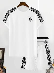 Manfinity Homme 男士修身几何印花短袖T恤和斜插口袋短裤休闲套装 - 彩色 - 查看 2