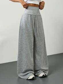 SHEIN Tall Quần nỉ dài màu xám, cạp chun, dáng rộng, thích hợp mặc đi học lại vào mùa đông, lễ tốt nghiệp, trang phục giáo viên cho nữ, quần áo mùa thu cho nữ đi học. - Xám - Xem 7