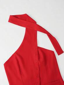 INAWLY Women's Simple Solid Color Halter Front Button Top, Summer - Red - View 5