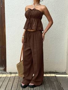 SHEIN EZwear 女款深棕色夏季波西米亞風海灘度假兩件套，編織亞麻抹胸上衣與長褲套裝，休閒成衣染色套裝 - 巧克力棕 - 查看 4