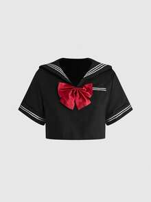 ROMWE Avant 3件套动漫公主梅洛迪角色扮演服装：水手领、蝴蝶结和百褶裙 - 黑色 - 查看 8