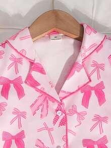 SHEIN Bộ đồ mặc nhà 2 mảnh cho bé gái: áo khoác cardigan và quần short cổ bẻ họa tiết nơ. - Nhiều màu - Xem 10