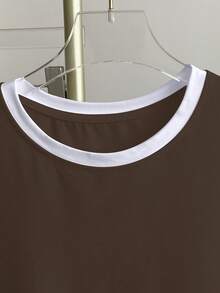 Resyla Camiseta de manga corta con cuello redondo y bloques de color para mujer de talla grande - Marrón - Ver 3