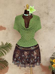 Sunspun Plus Size Lace Scoop Neck T-Shirt, Sensual Style - Green - View 5