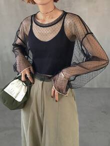 FRIFUL Blusa holgada de mujer de cuello redondo azul con superposición de malla, transparente, para primavera/verano - Negro - Ver 4