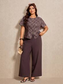 Elaquor 大码女式格子单排扣短袖上衣和阔腿裤休闲两件套 - 彩色 - 查看 3