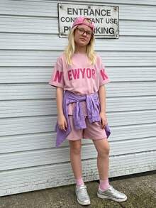 Sparklyn Teens Girls' Casual Street Style Purple Graphic Print Loose Short Sleeve T-Shirt Set, Summer Tops, Comfortable & Versatile For Vacation, Travel, Campus, Daily Wear - Purple - View 1