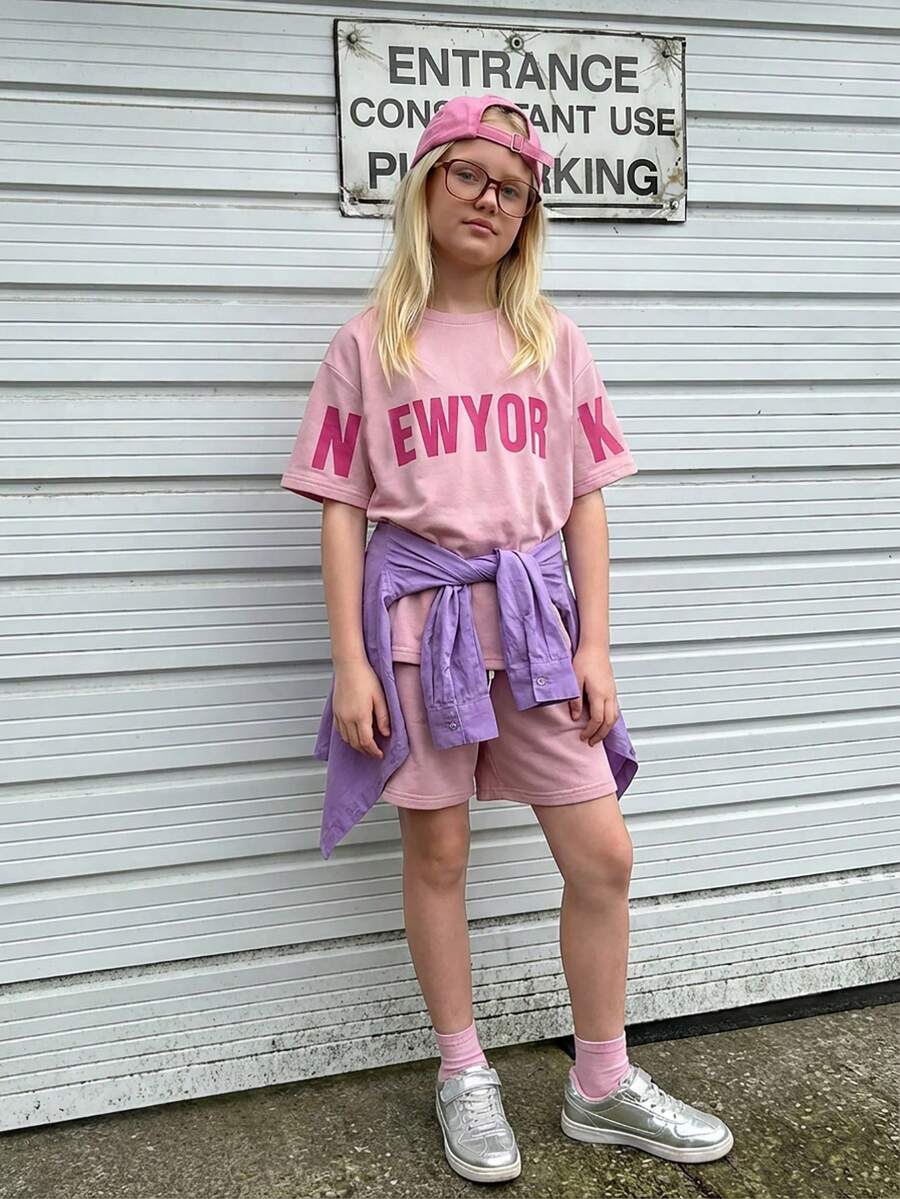 Sparklyn Teens Girls' Casual Street Style Purple Graphic Print Loose Short Sleeve T-Shirt Set, Summer Tops, Comfortable & Versatile For Vacation, Travel, Campus, Daily Wear - Purple - View 1
