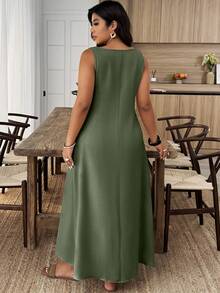 Breezaya Plus Size Women Solid Color V-Neck Sleeveless Casual Dress - Army Green - View 2