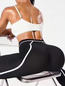 SHEIN Sports 女士无缝黑白条纹紧身裤，适合户外健身和运动 - 黑與白 - 查看 7