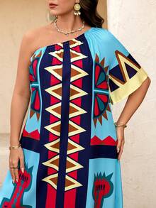 Breezaya Đầm dài dáng rộng in họa tiết hình học, xẻ tà bất đối xứng, cỡ lớn dành cho nữ, thích hợp cho kỳ nghỉ xuân/hè và các hoạt động ngoài trời trên bãi biển. - Nhiều màu - Xem 5