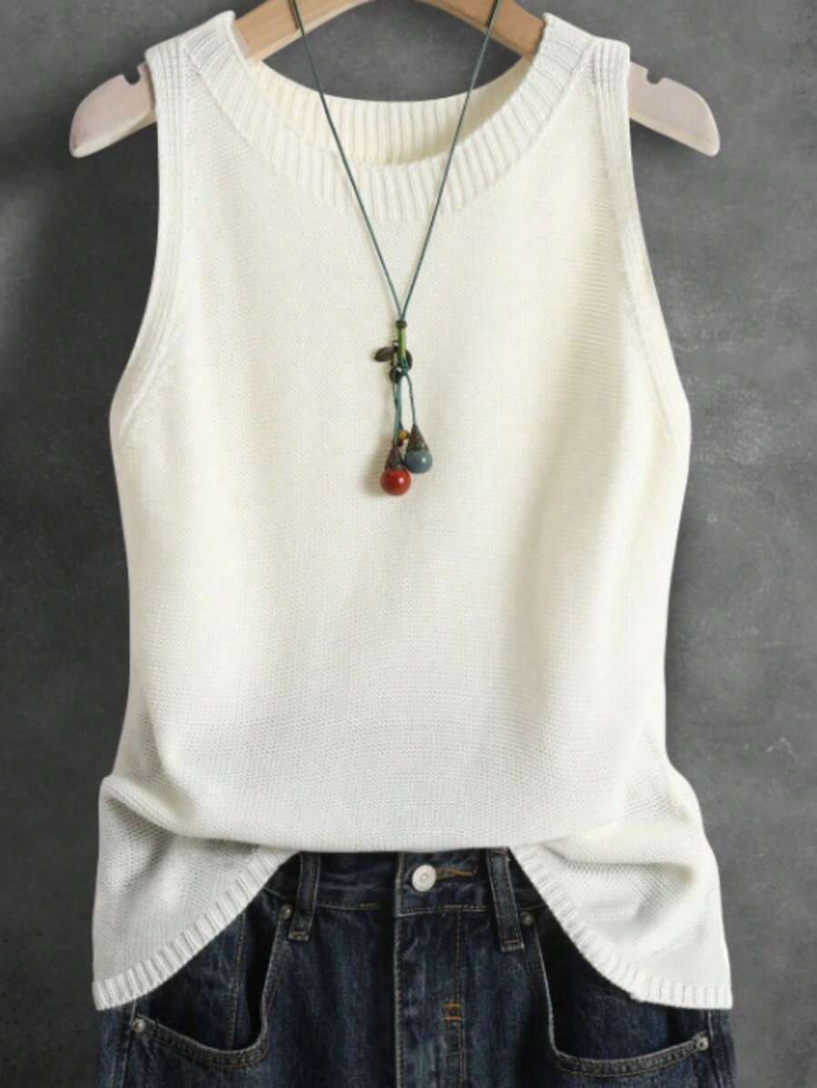 Women's Solid Color Round Neck Sleeveless Casual Knit Tank Top, Spring/Summer - Beige - View 1