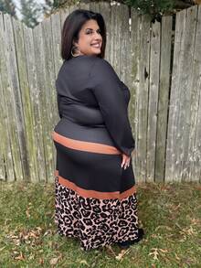 SHEIN Unity Plus Size Long Sleeve Black Leopard Pattern & Stripes Print Round Neck Dress, Suitable For Autumn & Winter Autumn And Winter Chic Dress, For Apple Rounded Body Shape - Multicolor - View 3