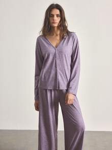 Ocili Minimalist Comfortable Collarless Soft Pajama Set For Women - Mauve Purple - View 6