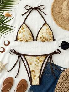 Travachic Women's White Floral Sequin Halter Tie Bikini Swimwear Set,Boho Summer Holiday Beach Vacation Outfits,Elegant Festival Outfits Beach Party - Multicolor - View 10