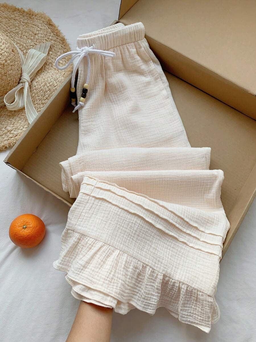 Comfortcana Women's Drawstring Waist Wide Leg Loose Casual Pants - Apricot - View 1