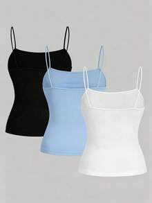 SHEIN EZwear 3件套加大码女式侧边褶皱无袖吊带背心，适合夏季穿着 - 彩色 - 查看 2