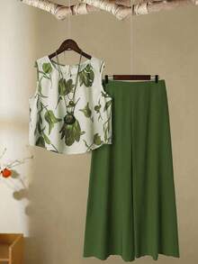 Linhara Plus Size Casual Rund Hals Ärmlös Heltäckande Mönster Sommar Bekväm Linnestruktur 2-delat Set - Grön - Visa 1